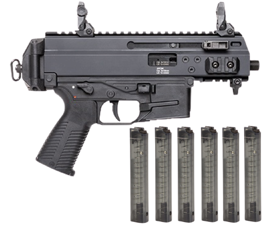 B&T APC9K Pro, black, six magazines, folding low profile adjustable sights