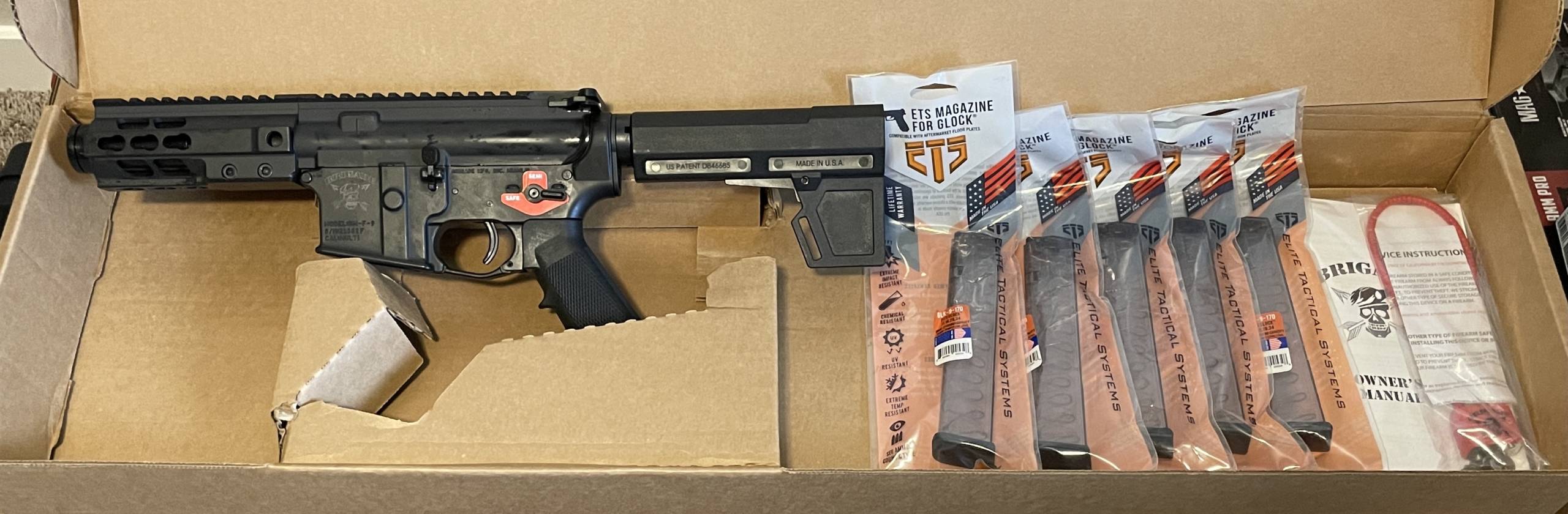 Brigade MFG BM-9 Pistol (blk), BFSIII Binary Trigger, Five ETS 27-rd Mags