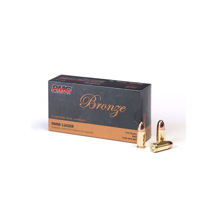 PMC Bronze 9mm Luger Handgun Ammo - 115 Grain, FMJ, 50rd Box