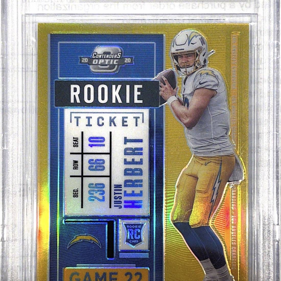 2020 Panini Contenders Optic Justin Herbert Rookie Ticket #85 GOLD, 5/10 BGS 9.5