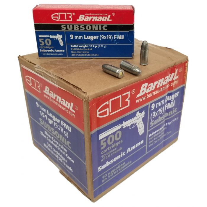 Barnaul 9mm SubSonic Pistol Ammo,151gr, FMJ, 500rd Case